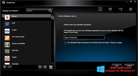 Skærmbillede HP SimplePass Windows 8.1